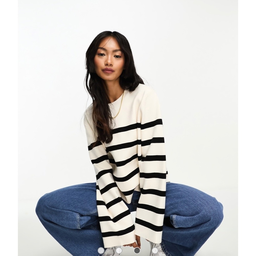 & Other Stories Sweater Small Cream Navy Blue Striped Crewneck Stockholm Atelier